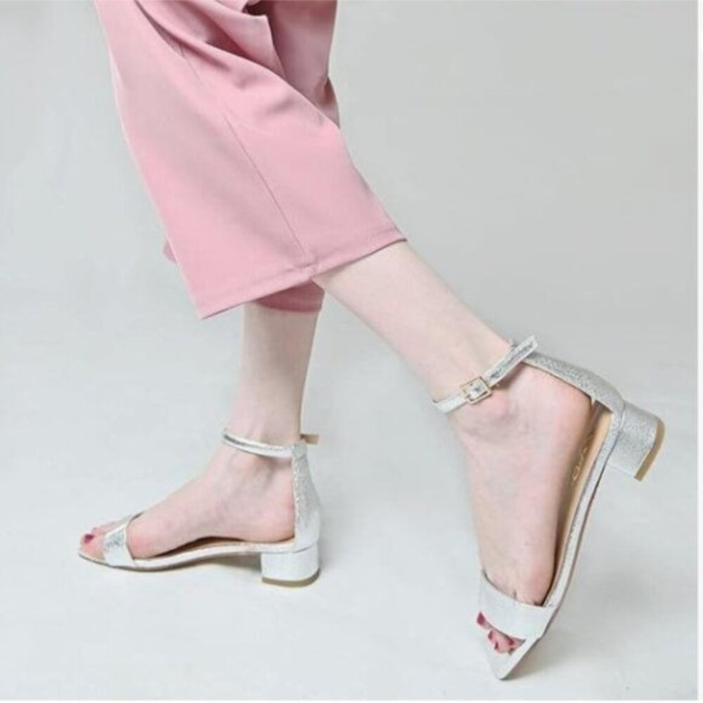 XYD Silver Open Toe Ankle Strap Buckled Low Chunky Heel Sandal for Dress